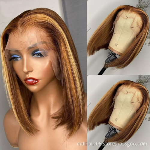Ombre Highlight Wig 13x4 HD Transparent Lace Front Straight Ombre Bob Wig Ombre Brown Honey Blonde Short Bob Lace Front Wig